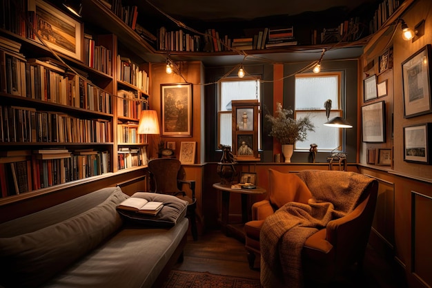 Cozy room with warm lighting plush seating and plenty of books to read