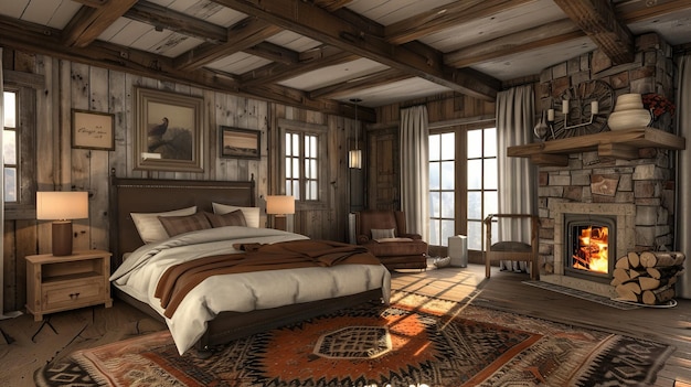 Cozy Rustic Cabin Bedroom with Fireplace