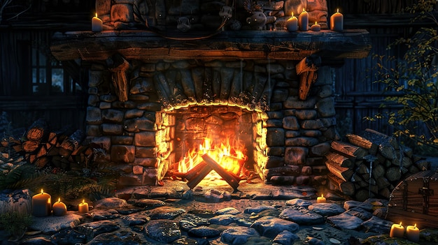 Cozy rustic cabin fireplace with crackling flames