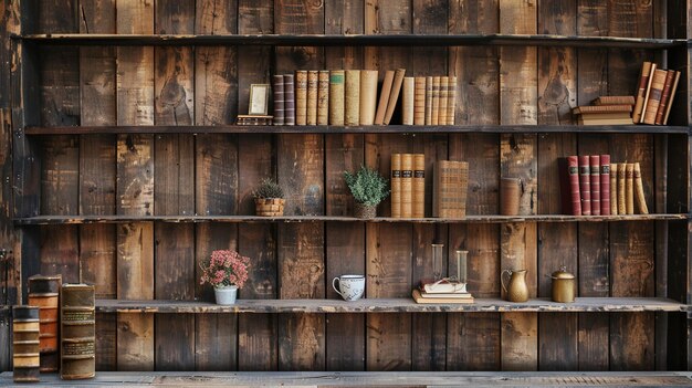 Photo cozy rustic wooden bookshelf with books on shelves