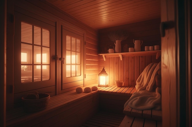 Cozy sauna room with wooden bench Generative AI