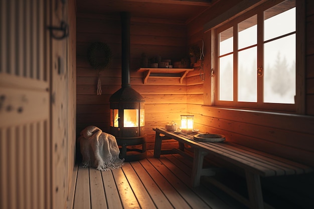 Cozy sauna room with wooden bench Generative AI