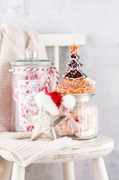 Cozy scandinavian family home on a Christmas eve. Xmas Concept, Decoration Over Grunge Background.