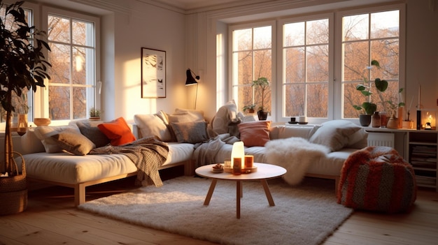 A cozy Scandinavian living room with a plush sofa warm textured blankets and soft lighting creati