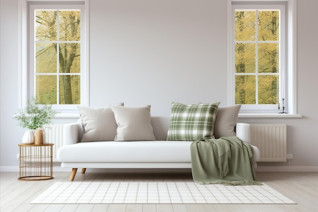 Cozy scandinavian living room with white sofa plaid cushions and green houseplants