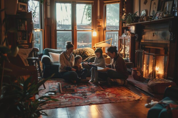 Photo cozy scene of a family gathered in their living room