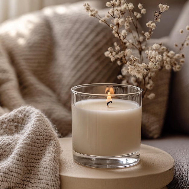 A cozy scene featuring a lit candle on a wooden coaster surrounded by soft textiles and delicate dried flowers for a warm ambiance