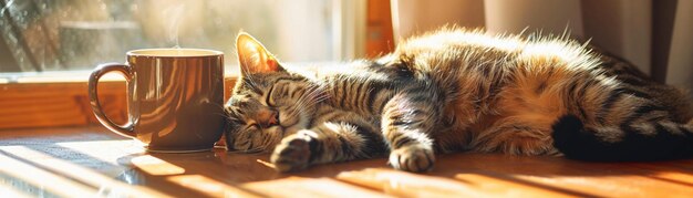 A cozy scene featuring a sleepy tabby cat resting beside a warm coffee mug