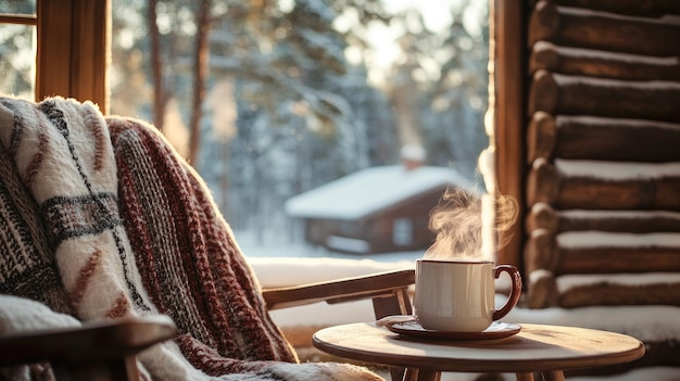 Photo a cozy scene featuring a steaming cup of coffee by a window with a snowy landscape outside