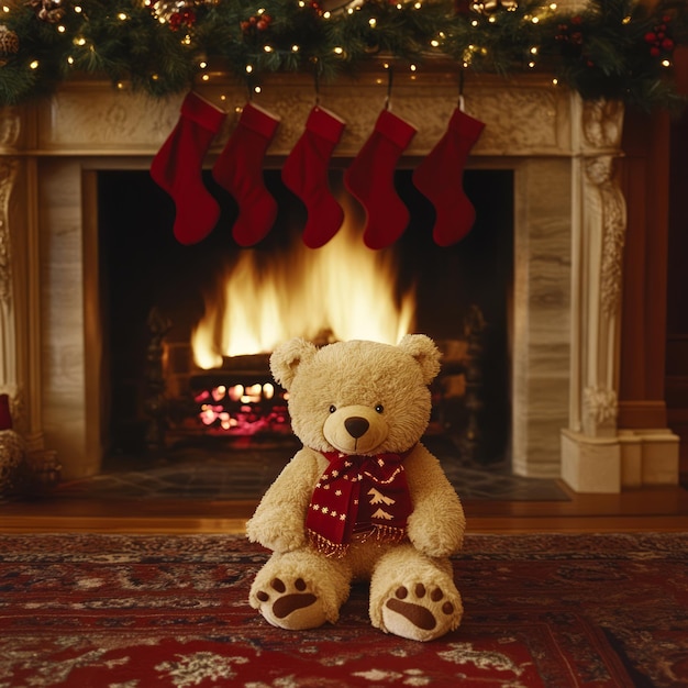 Photo a cozy scene featuring a teddy bear in front of a fireplace with christmas stockings