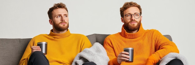 Photo a cozy scene featuring two men wrapped in warm sweaters sharing a relaxing moment at home with