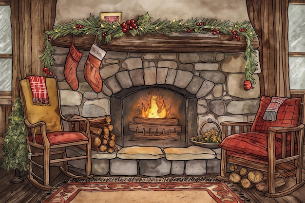 Photo cozy scene of a fireplace burning brightly with stockings hung on the mantelpiece creating a warm and inviting atmosphere for the holiday season