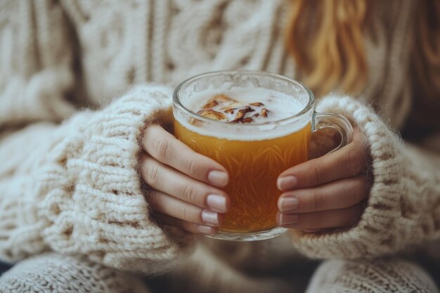 Photo cozy scene of hands in a wool sweater clutching a hot drink