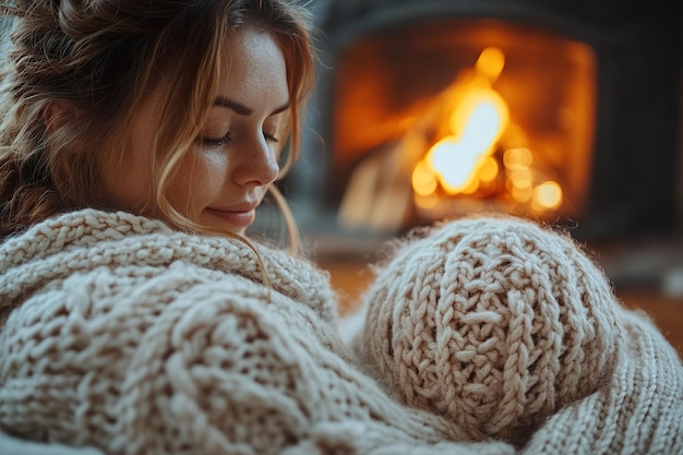 Photo a cozy scene of a person knitting by a crackling fireplace with a warm inviting atmosphere and a fin