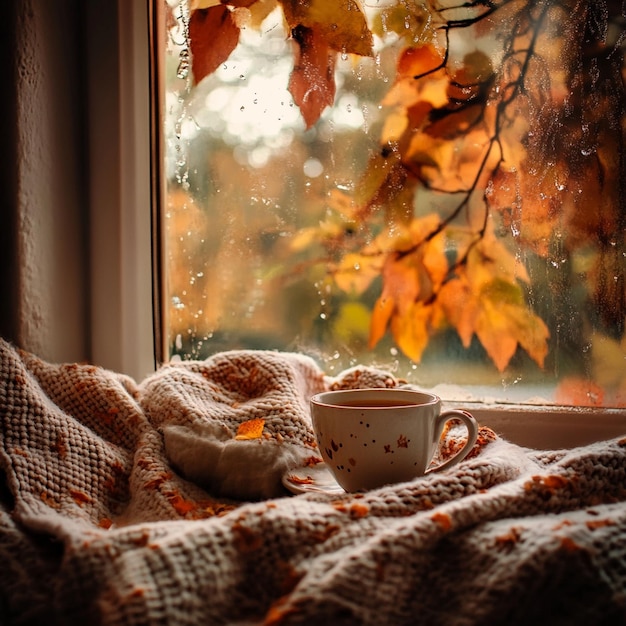 Photo a cozy scene of a warm cup of tea and a blanket by the window with autumn leaves outside