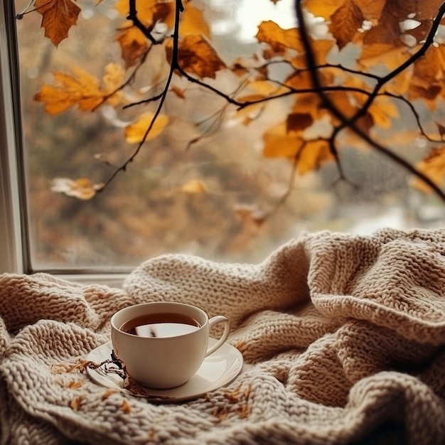 Photo a cozy scene of a warm cup of tea and a blanket by the window with autumn leaves outside