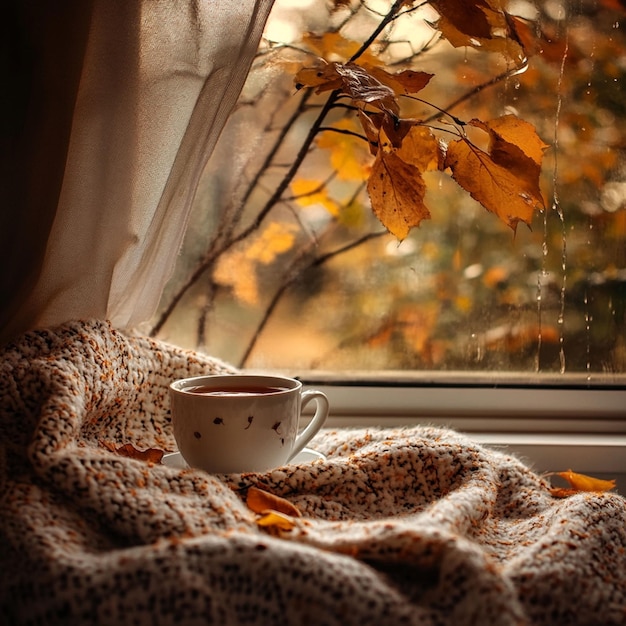 Photo a cozy scene of a warm cup of tea and a blanket by the window with autumn leaves outside