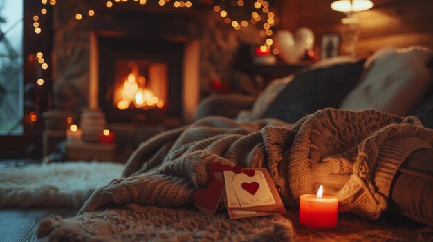 Photo a cozy scene with a fireplace blankets candles and love notes creating a romantic atmosphere in a warm setting