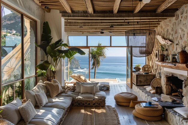 Cozy seaside interior with ocean view