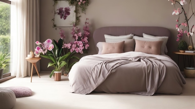 A cozy and serene bedroom featuring beautiful orchid flower pot