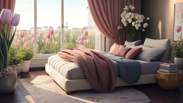 A cozy and serene bedroom featuring beautiful tulip flower pot