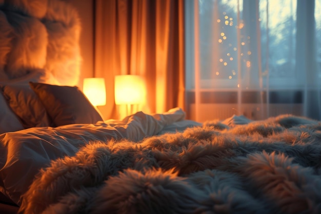 Cozy Serene Bedroom with Fluffy Bedding and Soft Lamp Lighting for a Tranquil Atmosphere