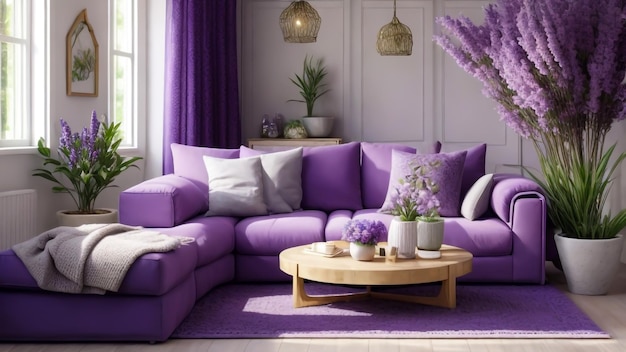 A cozy and serene livingroom featuring beautiful lavender flower pot