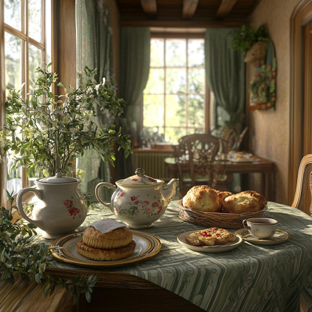 A cozy setting with a pot of tea and pastries on a table1