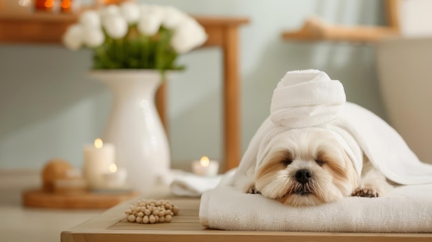 Cozy Shih Tzu Relaxing in a Luxurious Pet Spa with Elegant Pastel Decor and Soft Lighting