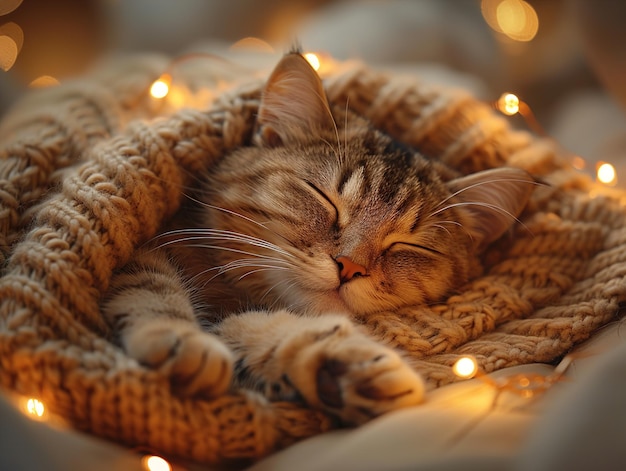 Photo cozy sleeping cat in a woolen sweater surrounded by fairy lights