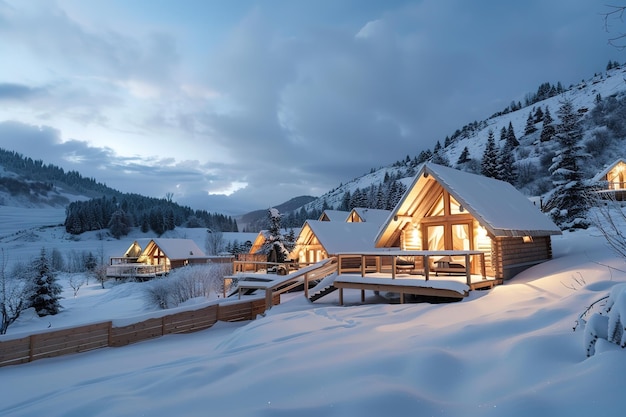 Cozy snowcovered cabins with warm lights in a serene mountain setting