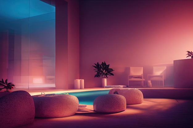 Cozy spa interior in pink tones with soft lighting 3D illustration Ai render