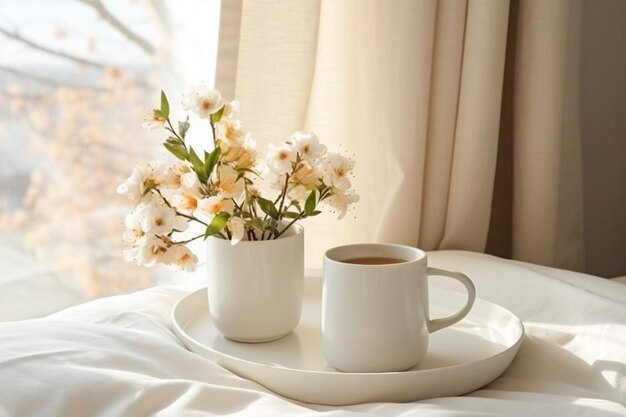 Cozy spring composition with a cup of tea