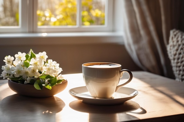 Cozy spring still life A cup of coffee a bouquet of flowers on a table by the window on a sunny