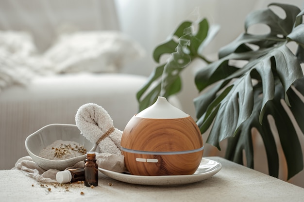 Cozy still life with a humidifier in the interior of the room on a blurred background.