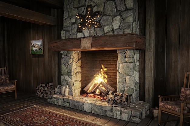 Photo cozy stone fireplace with warm flames burning in a rustic cabin