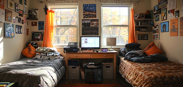 Photo cozy student dorm room with twin beds and posters on walls