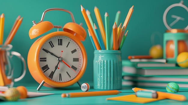 Cozy study desk with books alarm clock and pencils Concept of studying learning education