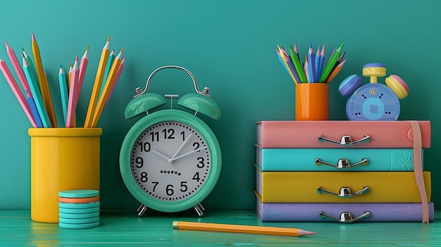 Cozy study desk with books alarm clock and pencils Concept of studying learning education