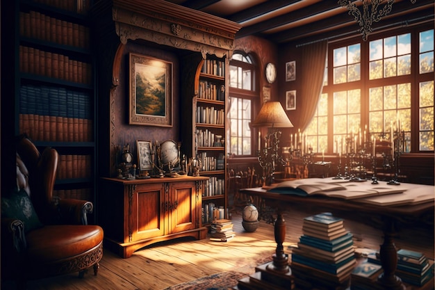 Cozy study with vintage furniture, books, paintings, candles and retro decorations on an autumn day