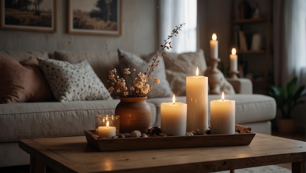 Cozy and stylish living room interior Couch with decorative cushions in pastel neutral colors and wooden table with candles vase with dry plants and natural decorations