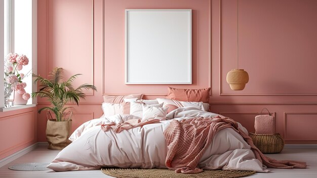 Photo cozy and stylish pink bedroom interior with decorative pillows plants and blank picture frame