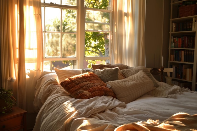 Cozy Sunlit Bedroom with Plush Pillows and Reading Nook for Relaxation and Comfort