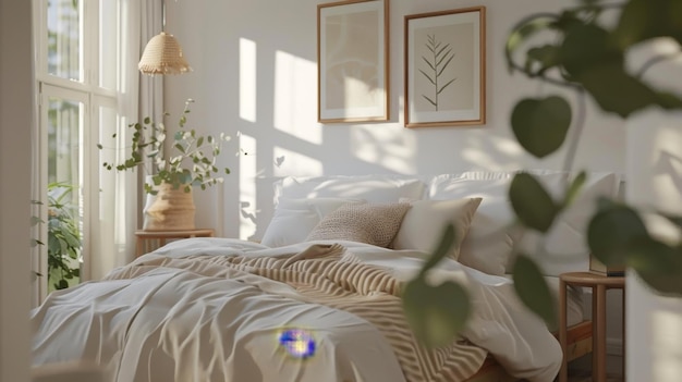 A cozy sunlit bedroom with white linens rustic decor and green plants creating a warm inviting atmosphere perfect for relaxation