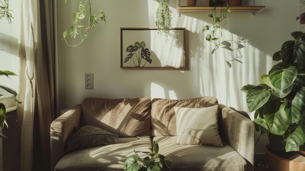 Photo a cozy sunlit living room filled with green plants a beige couch soft pillows and a framed leaf print creating a serene and inviting atmosphere