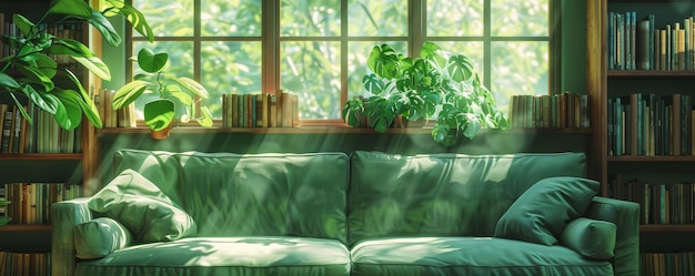 Photo cozy sunlit living room with green sofa and indoor plants by large window