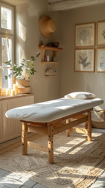 Photo a cozy sunlit massage room with a wooden table soft pillows candles and naturethemed decor