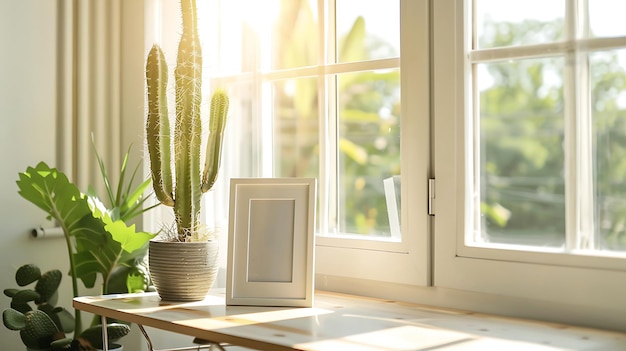 Cozy sunroom featuring an empty photo frame cactus and minimalist furniture with ample sunlight