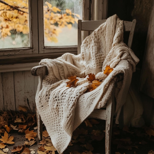 Photo a cozy sweater draped over a chair with autumn leaves scattered around