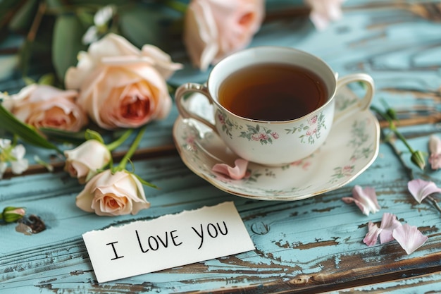 A cozy tea setting with roses and a heartfelt note